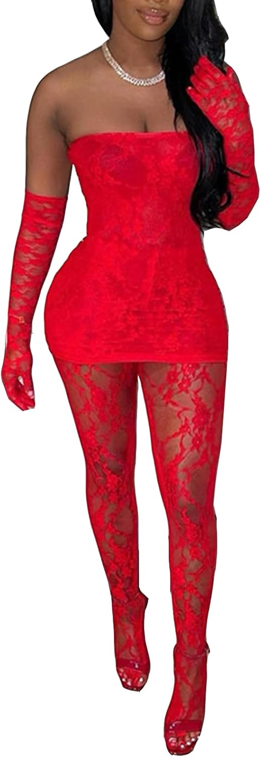 Mojessy Sexy 2 Piece Outfits for Women Clubwear Lace Tube Mini Dress Top with Stockings Set Birthday Outfits