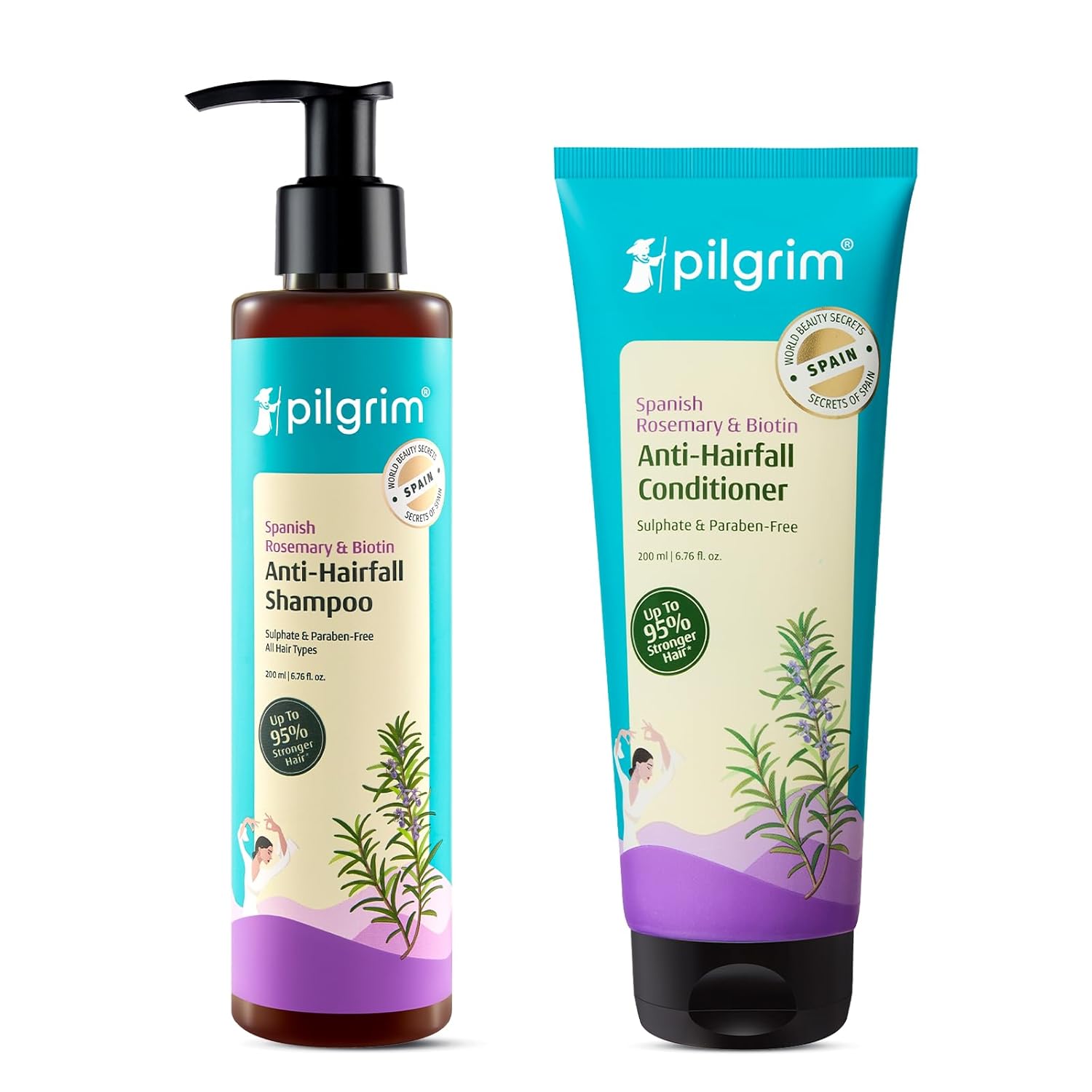 Pilgrim Spanish Rosemary & Biotin Anti-Hairfall Hair Care Set | Strengthening Shampoo (200ml) & Conditioner (200ml) | Reduces Hairfall, Boosts Density & Growth | For All Hair Type