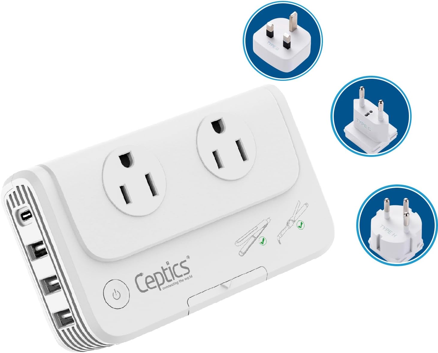 Ceptics Middle East Voltage Converter, 200W, SWadAPt Plugs, 4 USB, QC 3.0