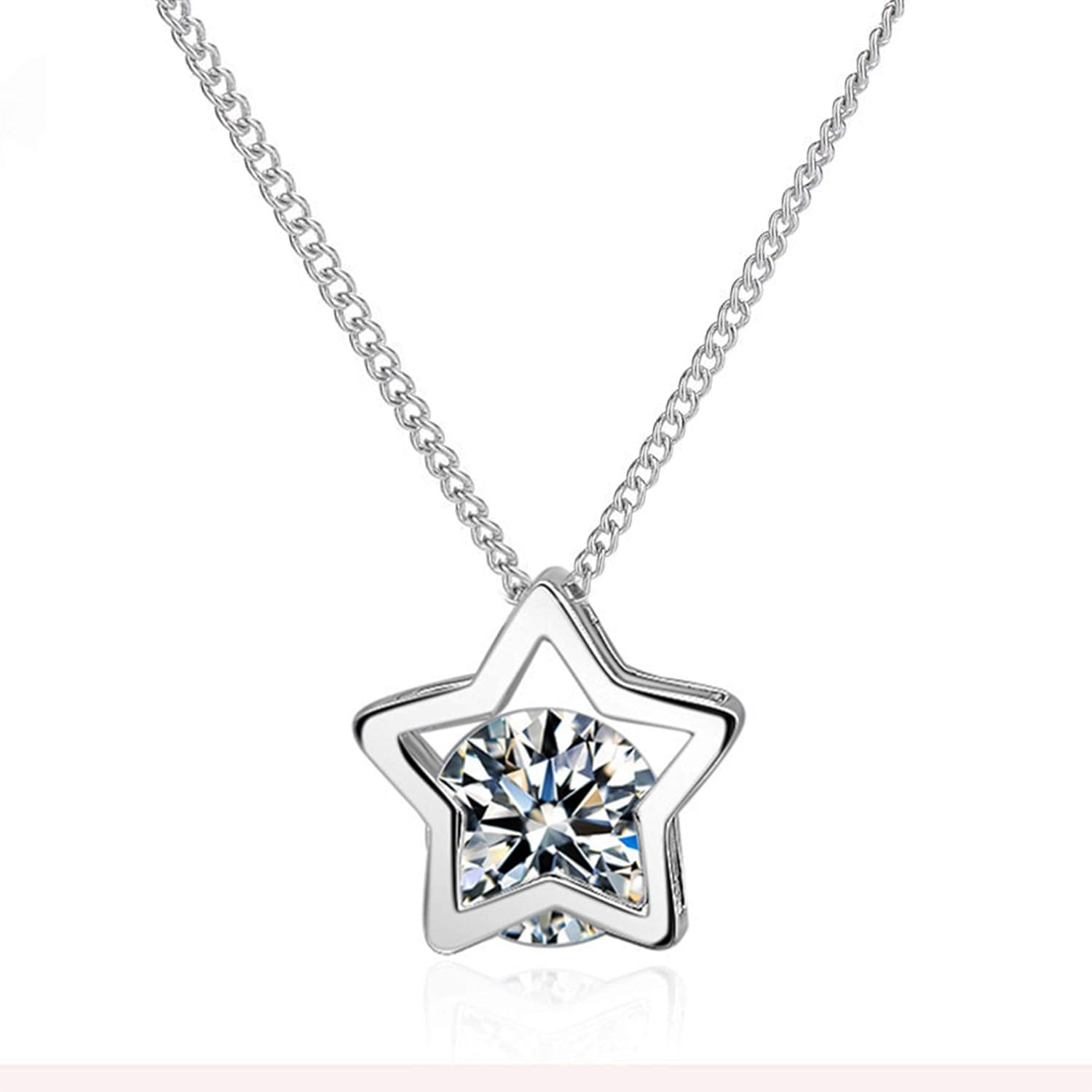 Women Girls Star Cubic Zirconia 925 Sterling Silver Pendant Necklace