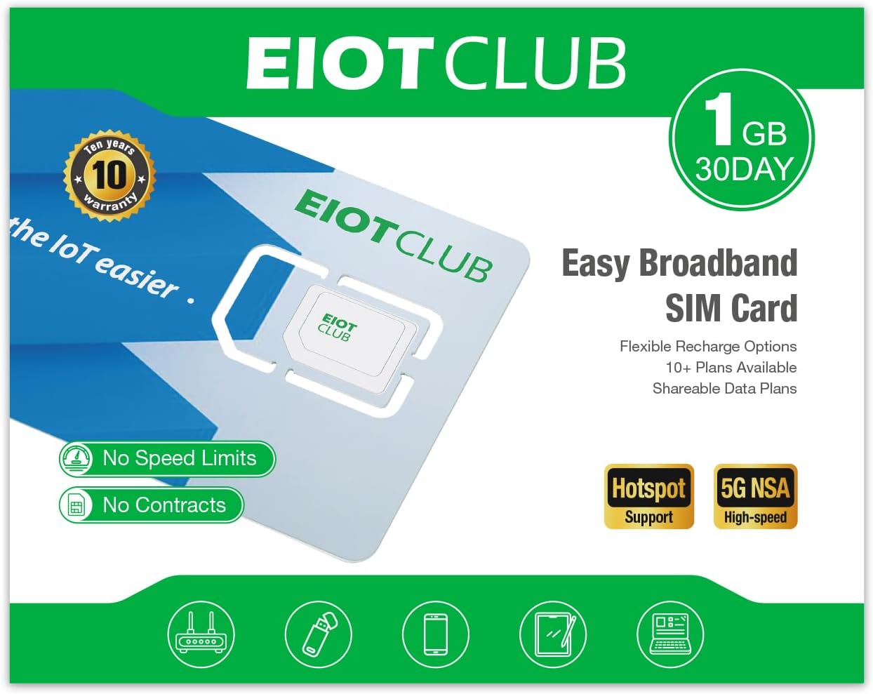 EIOTCLUB Data Only SIM Card - Ideal for Mobile WiFi Hotspots, Routers, USB Sticks, Laptops, Tablets, No Contract | 5G/4G LTE Network | USA 3-in-1 SIM Card