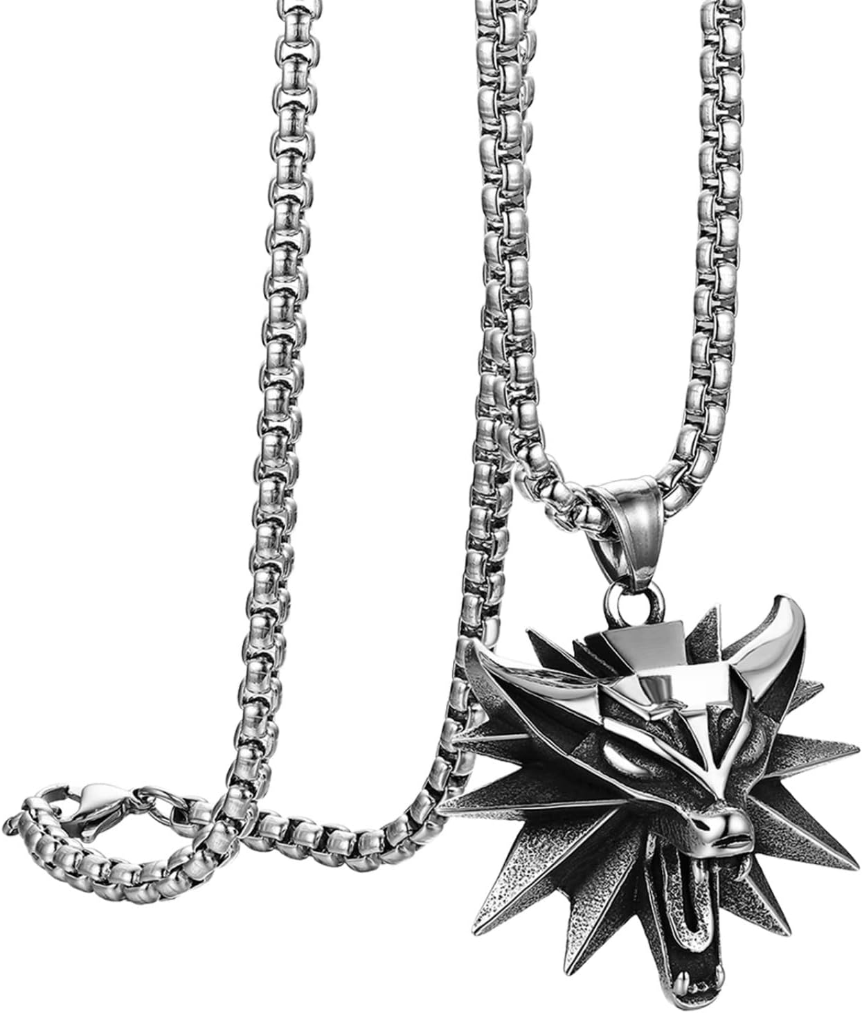 Flongo Men's Wolf Head Pendant Necklace: Vintage Stainless Steel Tribal Necklace Bikers Necklace for Men 22 inches Chain