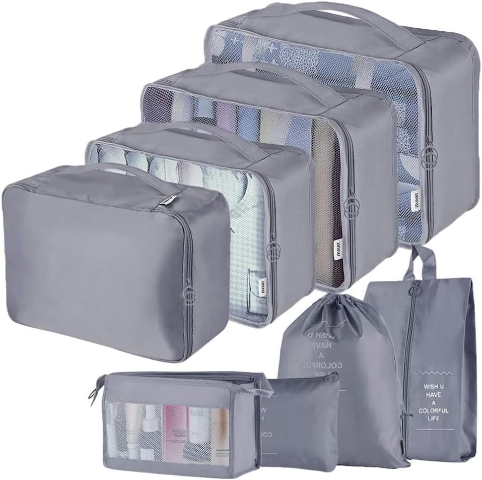 Travel Packing Cubes, Toifucos Multifunction 8pcs/set Luggage Organiser Compression Suitcase Essential Bag, Dark Gray