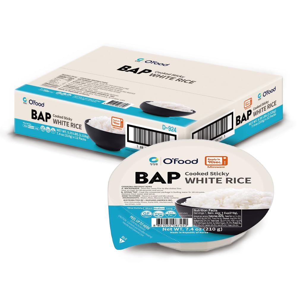 O'Food BAP Instant Rice (Pack of 12), Korean, Microwavable, Gluten-Free, Asian Rice, Pantry Staple, Microwave Safe, Perfect with Kimchi, Noodles, Soup