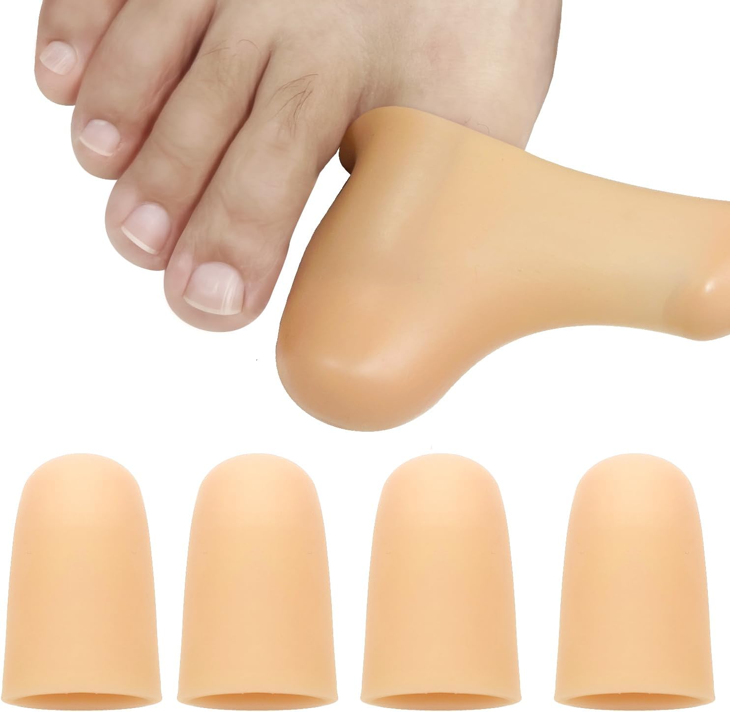 4 Pack Gel Toe Cap and Protector for Big Toe - Cushions and Protects, Toe Covers for Women & Men, Provides Relief from Missing or Ingrown Toenails, Corns, Blisters, Hammer Toes (Large, Beige)