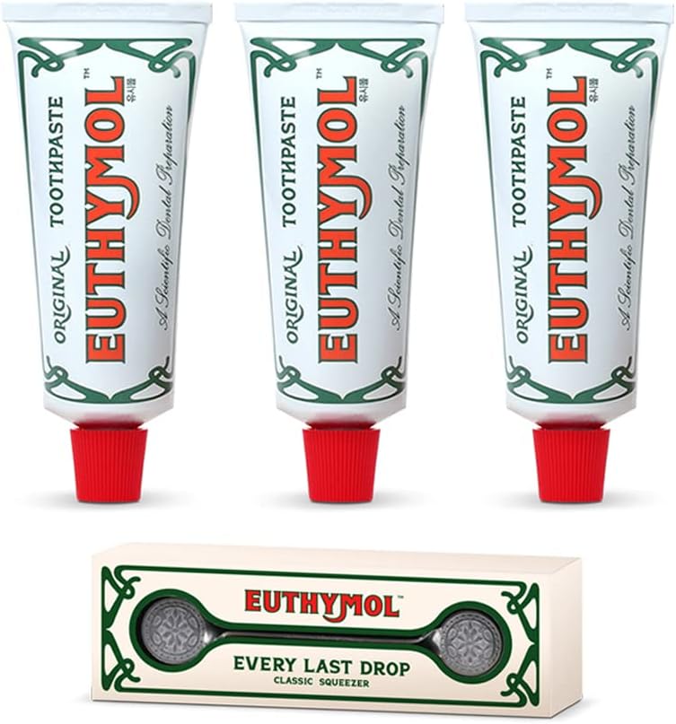 Euthymol Original Toothpaste Set-Toothpaste Squeezer+3xToothpaste 75ml, No Fluoride, Anti-Plaque, Antibacterial, Cavity Protection, Teeth & Gums Clean and Healthy, Cool Mint Refresh, Daily Oral Care