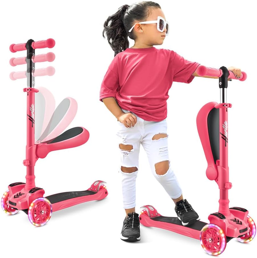 Hurtle 3-Wheel Tri Scooter for Kids - Ages 2-12, Flip-able Seat, Foldable, Flashing Lights, Adjustable Height