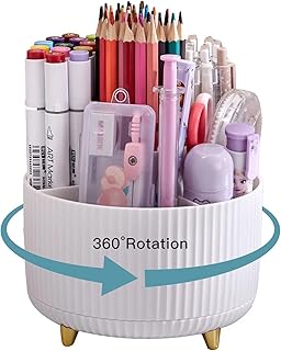 Pen Holder for Desk, Pencil Holder,5 Slots 360° Degree Rotating Desk Organizers and Accessories, Cute Pen Cup Pot for Office, School, Home, Art Supply (white)
