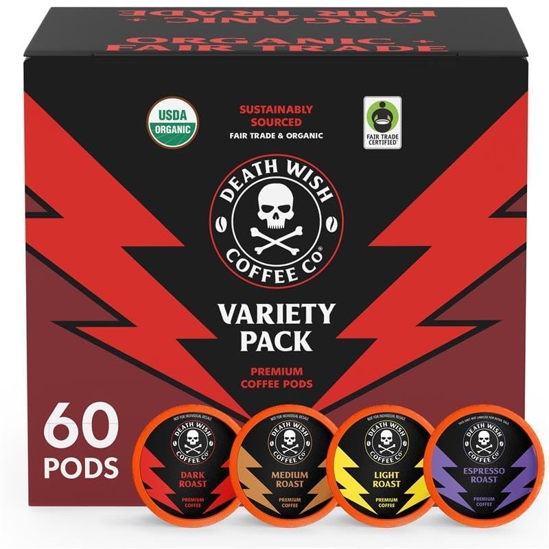 Death Wish Coffee Mixed Roast Variety Pack Coffee Pods, Organic, 60 Count