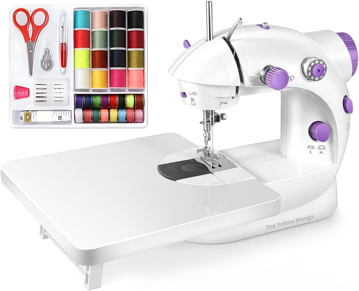 Amazon Sewing Machine, Basic SewingMachine with Foot Pedal, Stiching Machine For Children10pcs Sewing Kit, Dual Threads Electric Tacking Machine for Beginners [The Yellow Mango] (With Table + Kit)