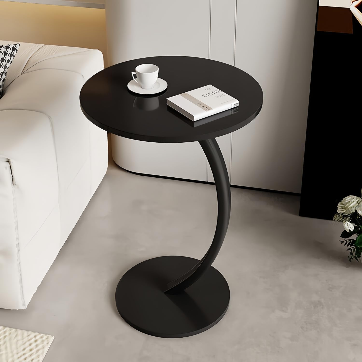FENGSHENG-SHOP C Shaped Round End Table Narrow Side Table, 40cm Small Wooden Sofa Side Table, Slim Coffee Couch Bedside Table for Living Room, Bedroom, Office, Easy Assembly and Wipe Clean (Black)