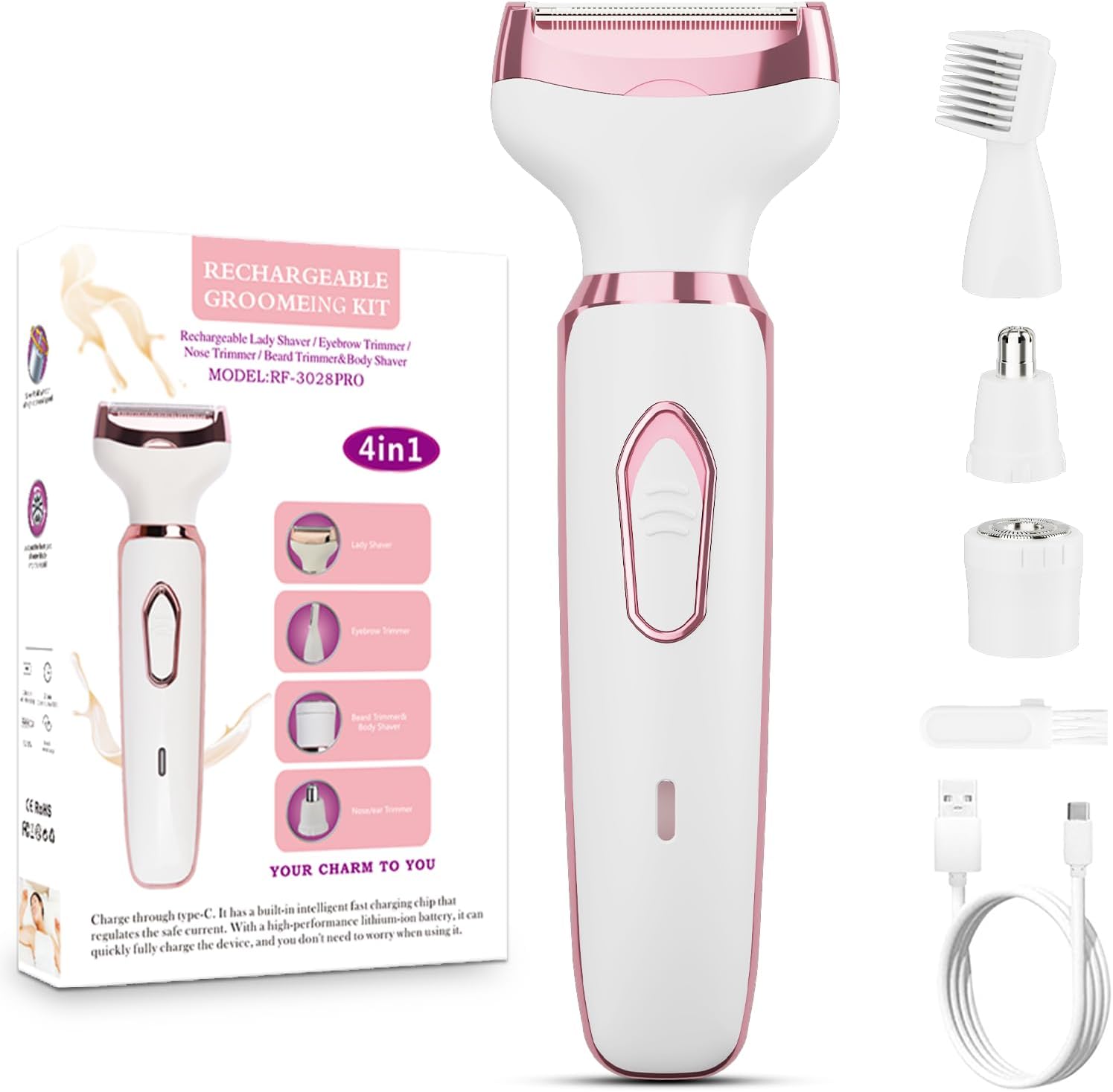 Women's Electric Razor Bikini Trimmer, 4-in-1 Cordless Shaver for Face, Legs, Underarms, Pubic Hair – Wet/Dry Use, Painless Hair Removal