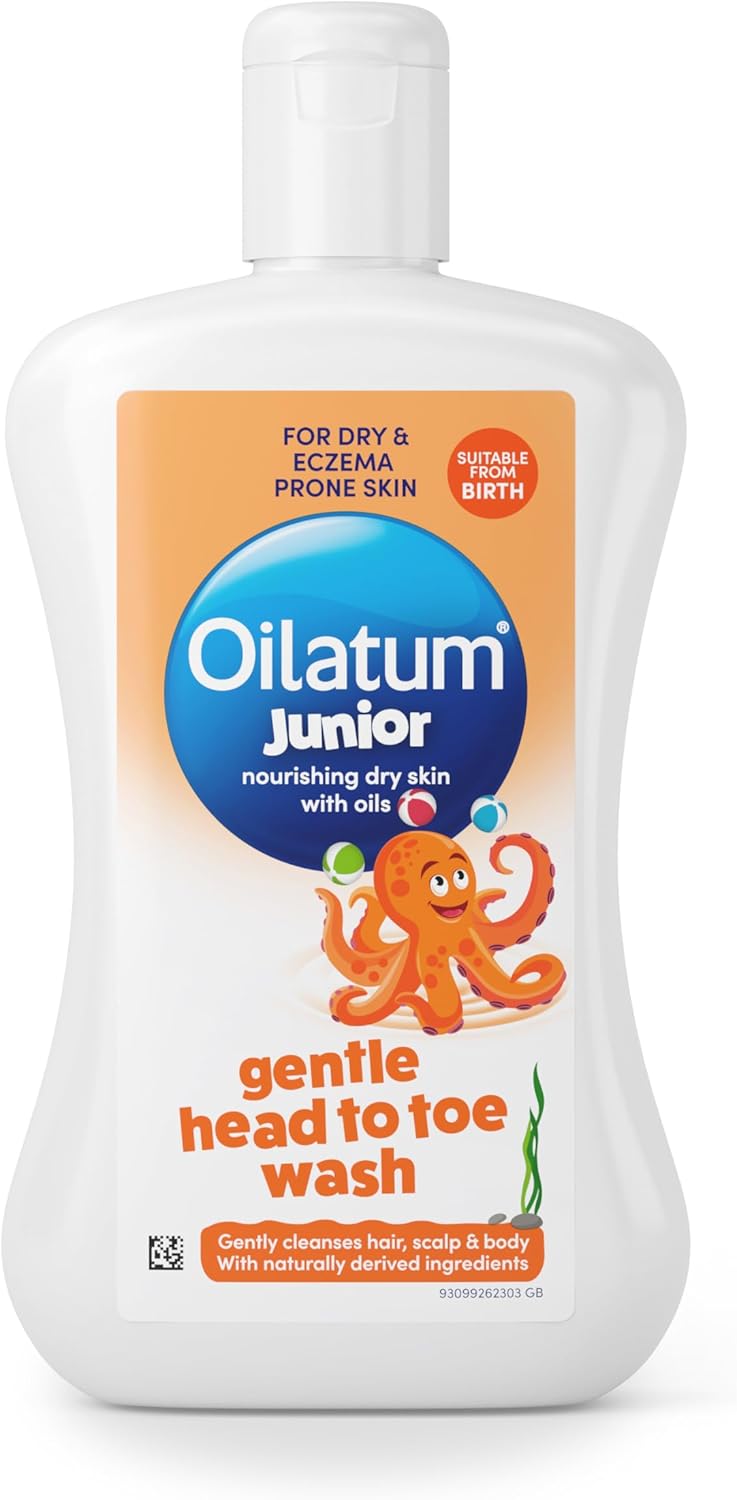Oilatum Junior Gentle Head-to-Toe Wash, Dry & Eczema-Prone Skin, Gently Cleanses Hair, Scalp & Body, Suitable from Birth, Everyday Use, Fragrance & Soap Free, Dermatologically Tested, 1 x 300ml