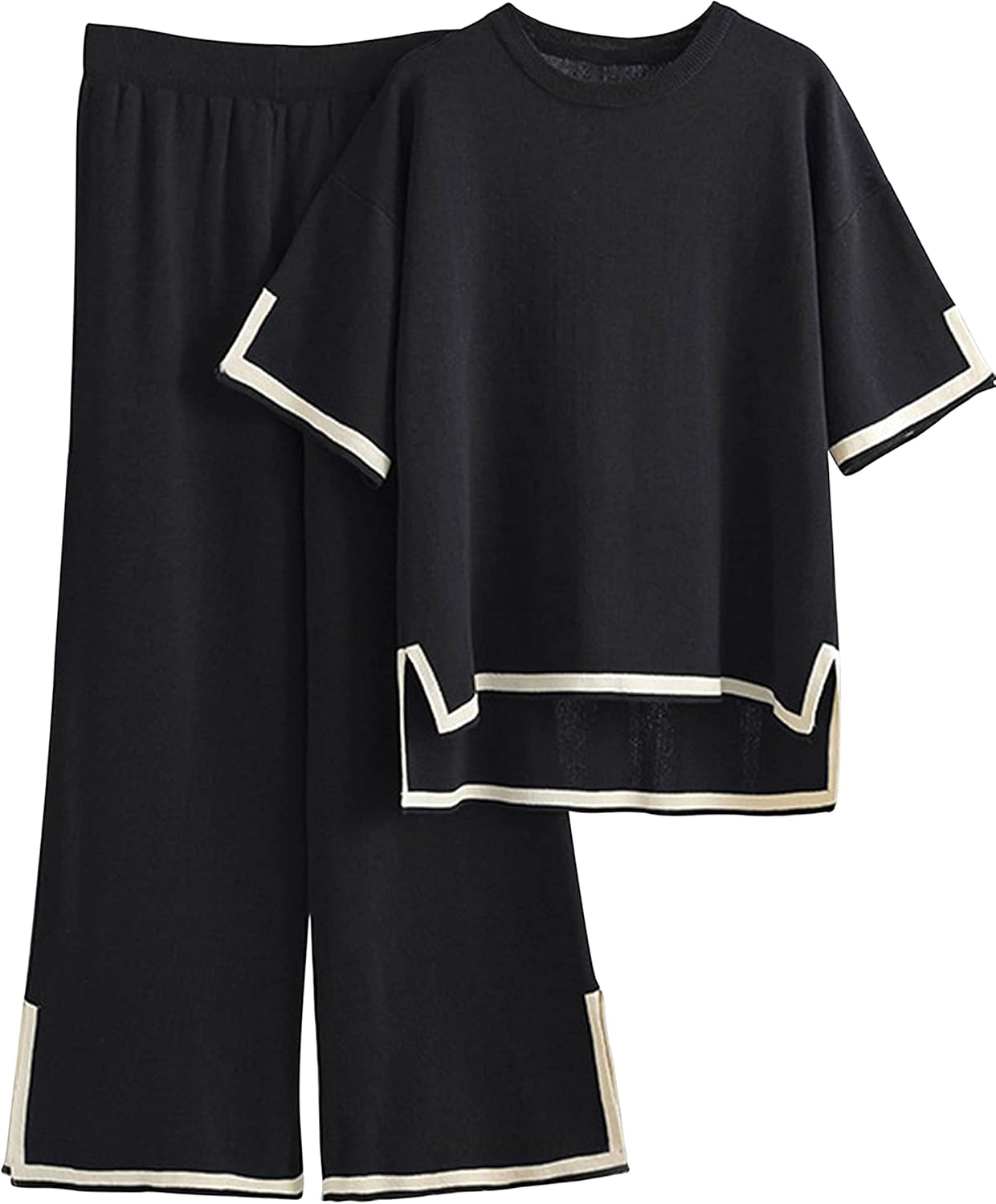 Tanming Sweater Sets Women 2 Piece Lounge Sets Short Sleeve Knit Pullover Tops Wide Leg Pants