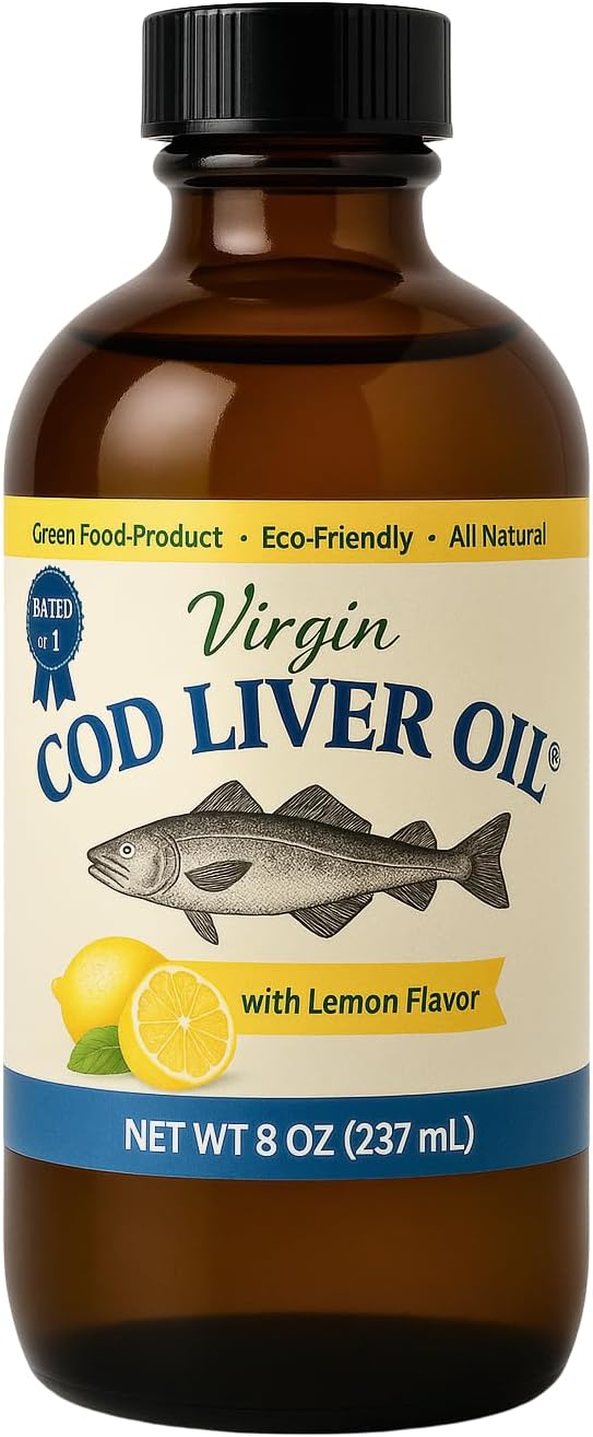 Virgin Cod Liver Oil - 8 Fl oz Natural, Wild Caught & Fresh Tasting,.High in Vitamin D, Omega 3 DHA/EPA (Lemon Flavored)