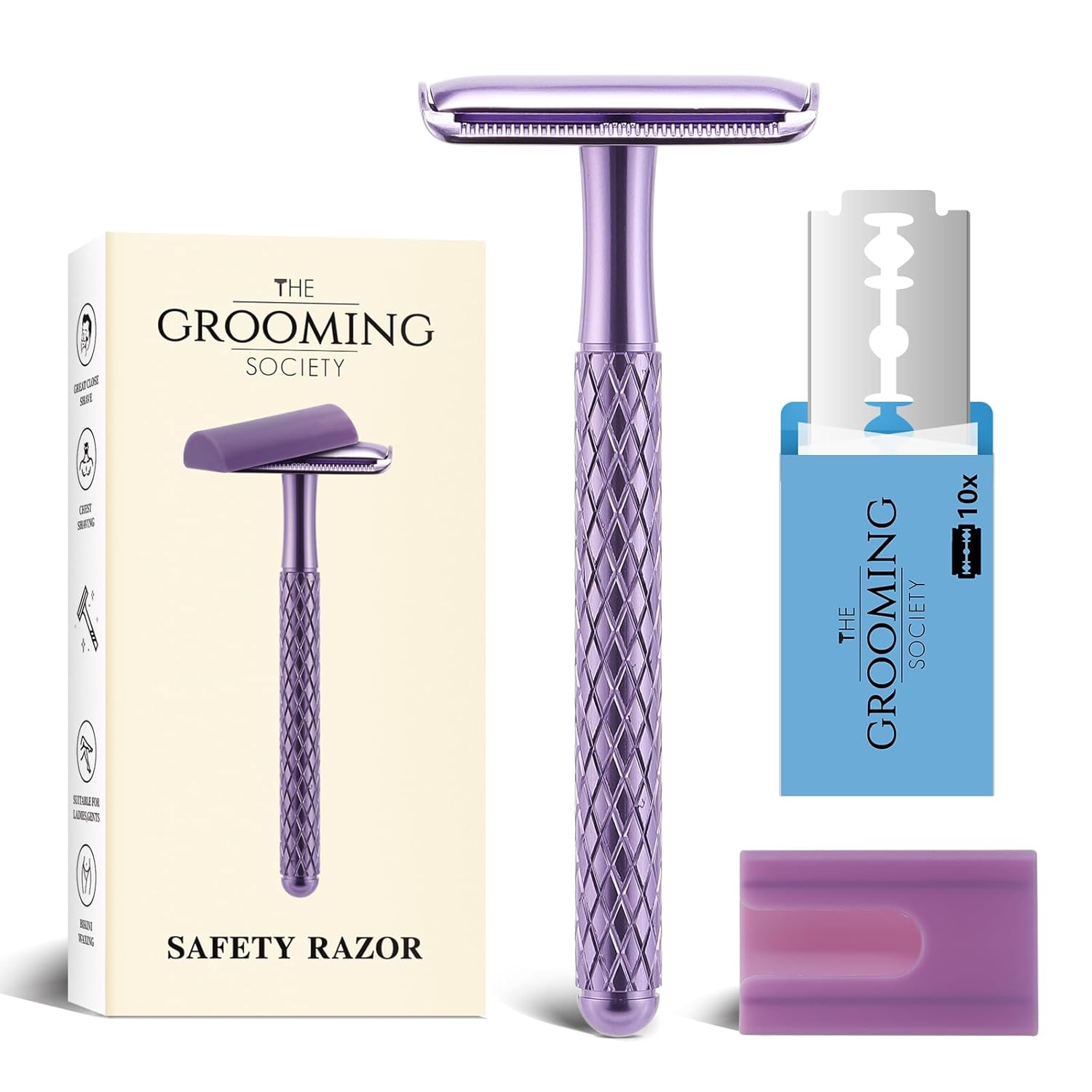 Double Edge Safety Razor for Women Purple with 10 Blades and Silicone Cover - Durable Metal Eco-Friendly Single Blade Razor - Closed Smooth Shave
