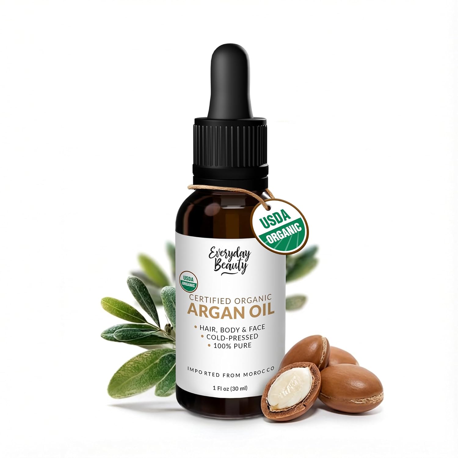 Organic Argan Oil | 100% Pure, Cold-Pressed, Unrefined | USDA Certified Organic | Amber Glass Bottle with Glass Dropper | For Hair, Face & Skin - 1 Fl Oz
