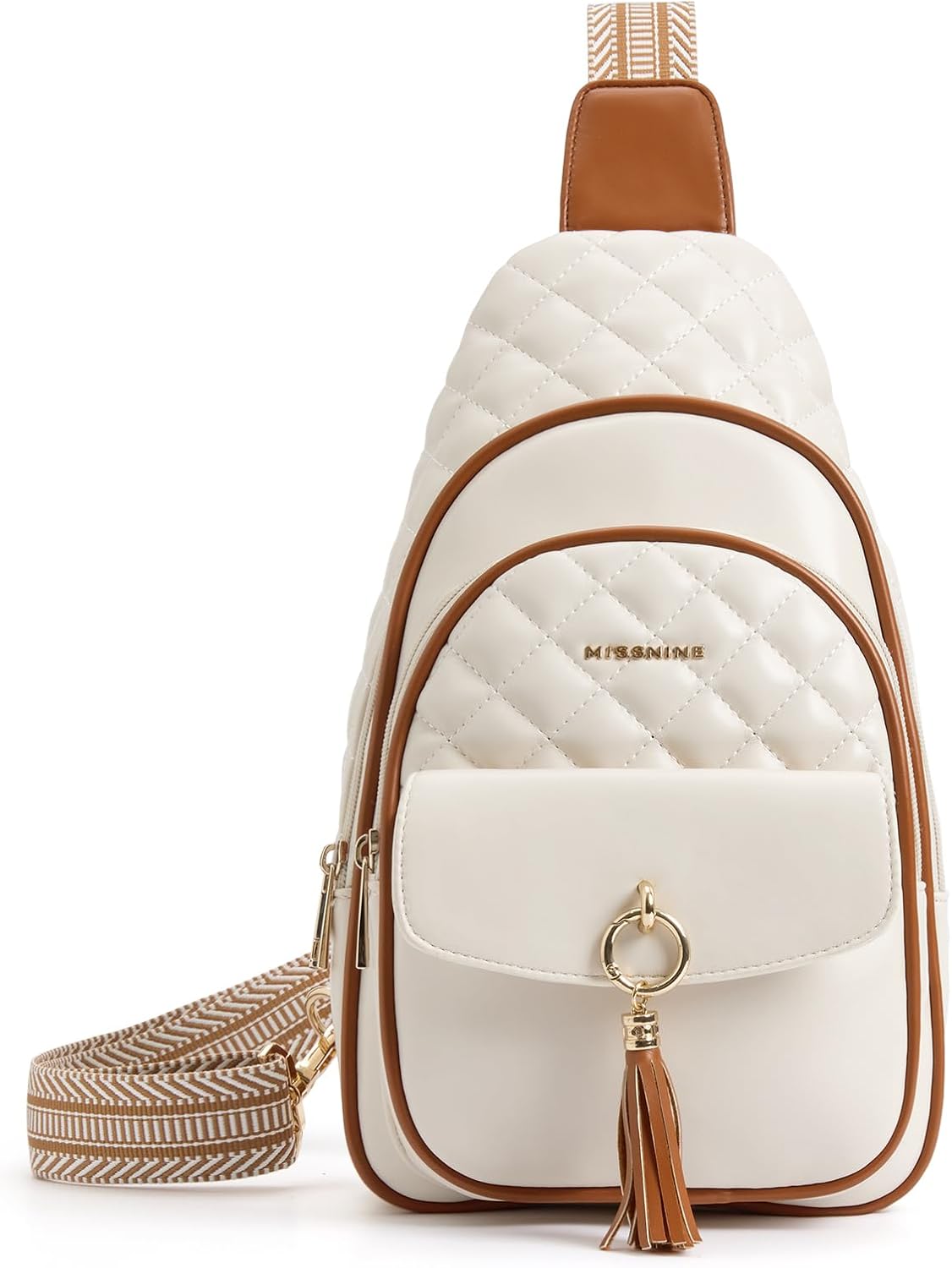 Missnine PU Leather Sling Bag for Women Quilted Chest Crossbody Trendy Travel Bag for Hiking Cycling with Tassel