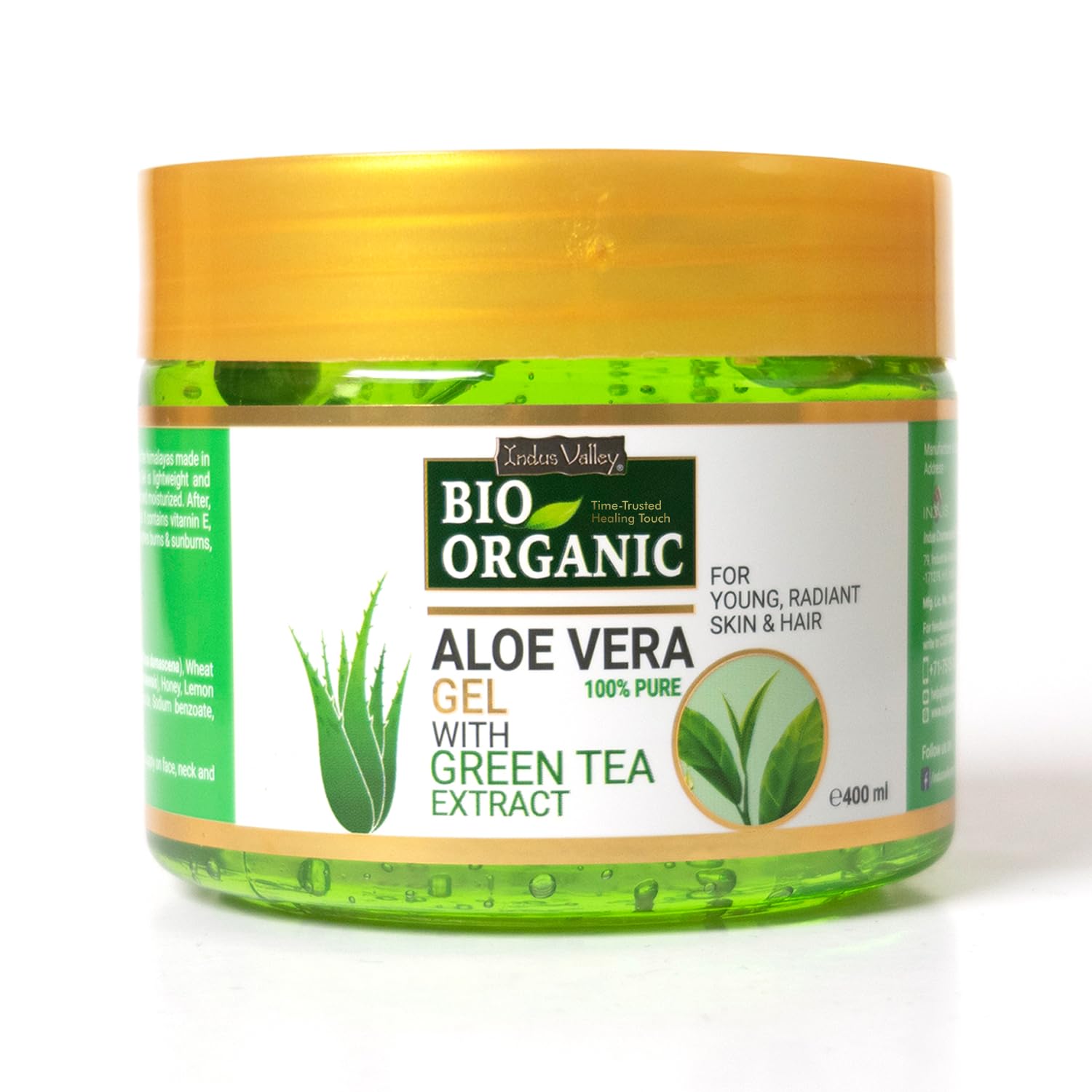 INDUS VALLEY Bio Organic Pure Multipurpose Aloe Vera Gel With Green Tea Extract For Face, Body & Hair,For Glowing & Soothing Skin, Anti-Ageing & Acne, Suitable to All Skin Type - 400ml