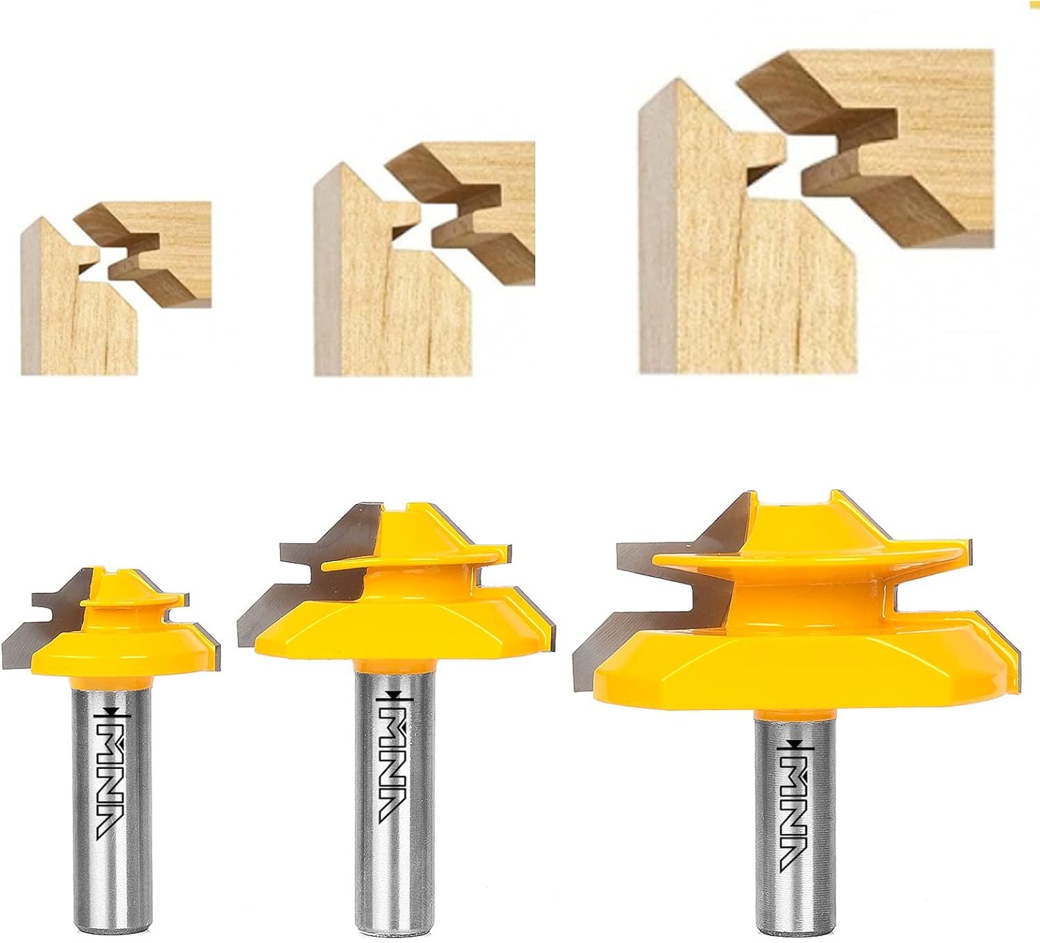 MNA 45 Degree Lock Miter Router Bit 3-Piece Set, for 1/2”, 3/4”, 1” Cutting Height, 1/2 Inch Shank. Easy to Create Lock Miter Joint