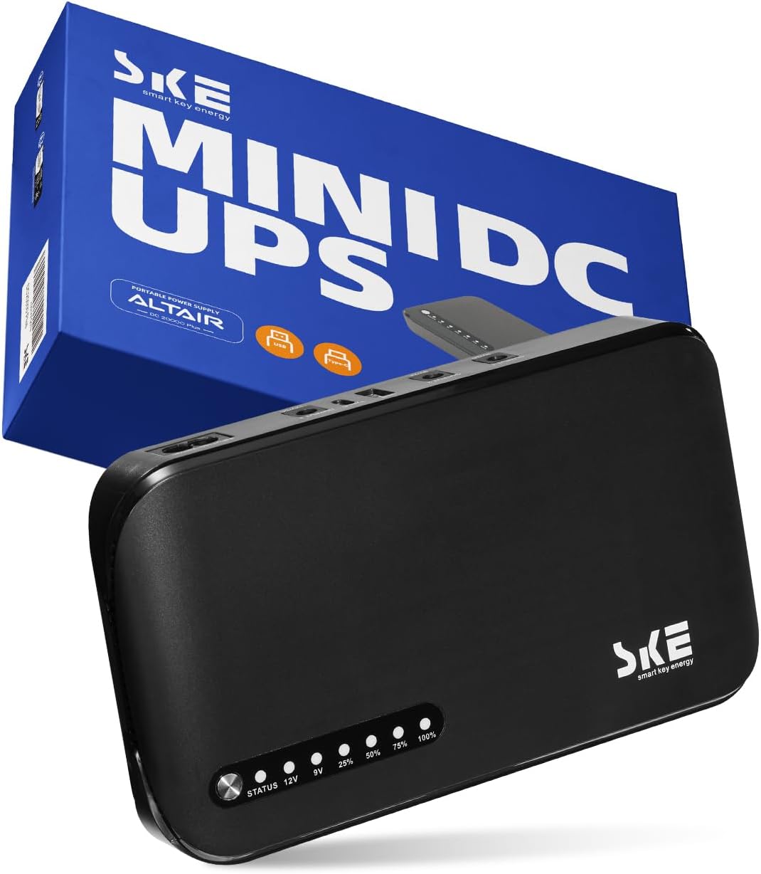 SKE Mini UPS UK DC20000mAh Battery Backup & Surge Protector UK Uninterruptible Power Supply for Router Modem USB Type-C Mini UPS 5V/9V/12V