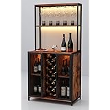 Loomie Wine Bar Cabinet with LED Lights, 5-Tier Industrial Coffee Bar, Buffet Sideboard with Adjustable Shelves, Kitchen Bar Table with Wine Rack Storage and Glass Slots for Liquor and Glasses,Rustic