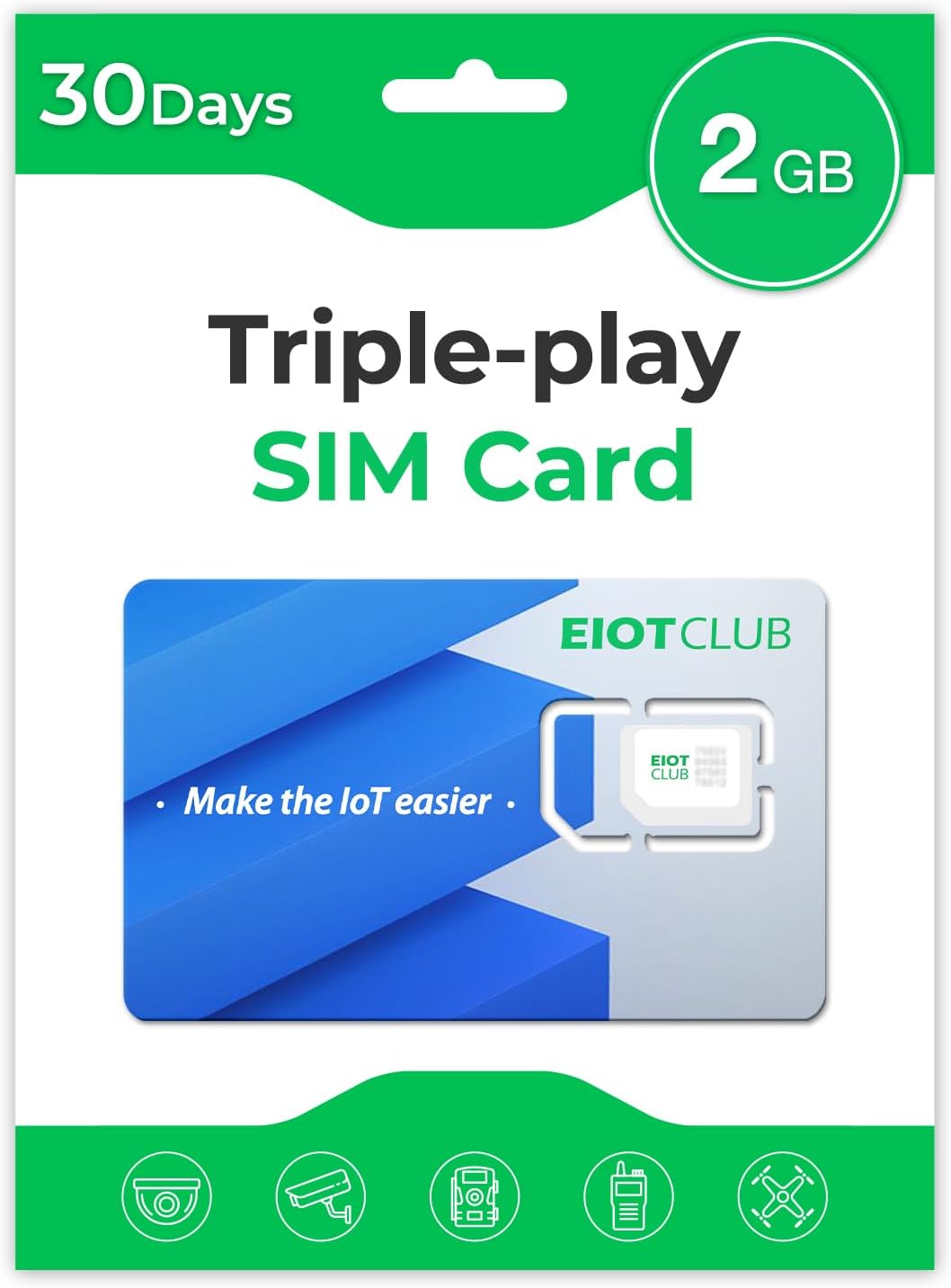 EIOTCLUB Data SIM Card Triple Play- USA Coverage No Contract 4G LTE Cellular for Security Solar and Hunting Trail Game Cameras Unlocked IoT Device (2GB 30DAY)