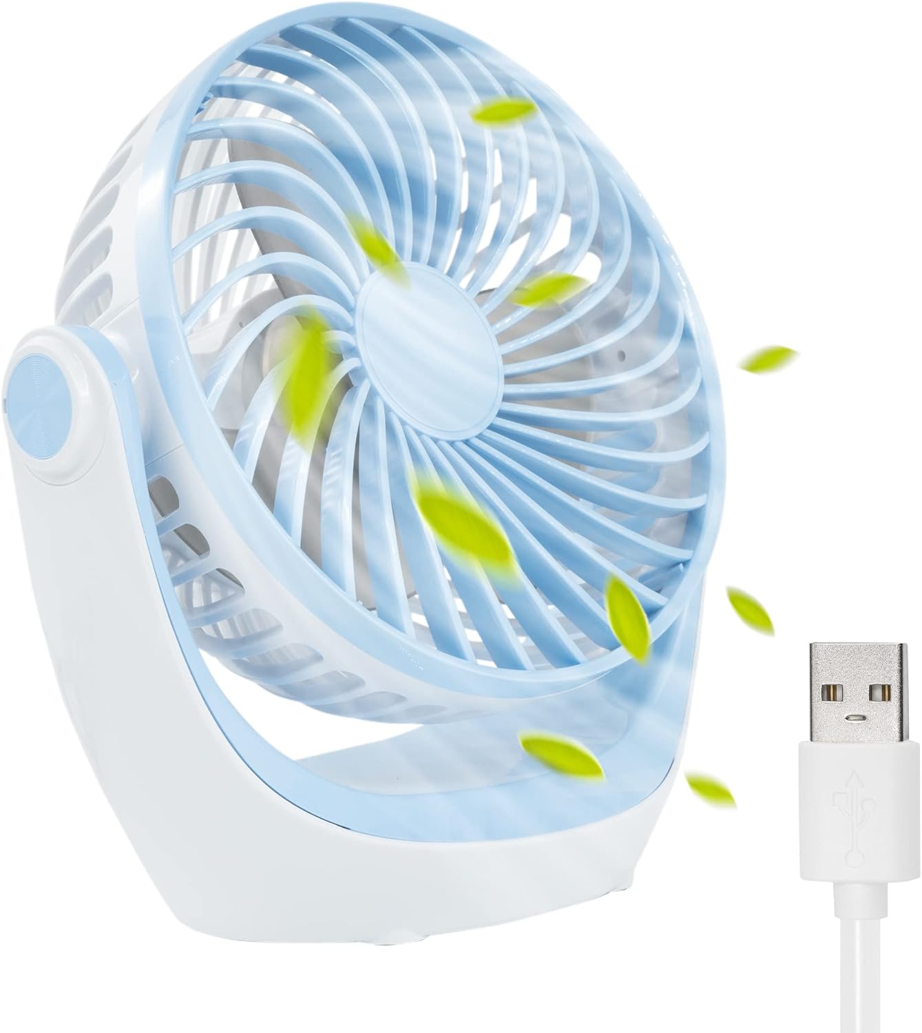 TANNESS USB Desk Fan - 3 Speed, Quiet, 360° Rotation - Portable Mini Fan for Home, Office, Travel - Strong Airflow, Silent, Compact, USB Rechargeable - Powerful Cooling Desktop Fan - Sky Blue