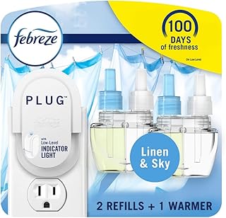 Febreze Plug In Air Fresheners, Linen & Sky Scent, Odor Fighter for Strong Odors, 1 Warmer + 2 Oil Refills