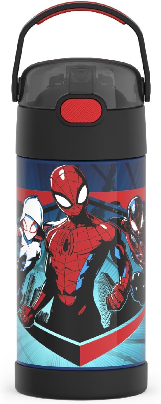 THERMOS FUNTAINER Water Bottle with Straw - 12 Ounce - Kids Stainless Steel Vacuum Insulated Water Bottle with Lid, Spider-Man