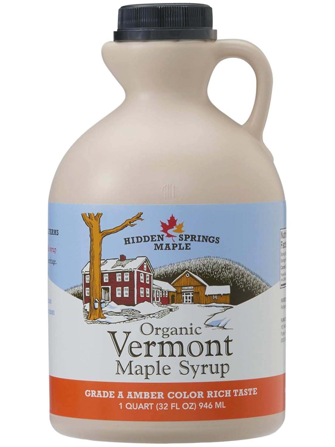 Hidden Springs Maple Organic Vermont Maple Syrup, Grade A Amber Rich, 32 Ounce, 1 Quart, Family Farms, BPA-free Jug