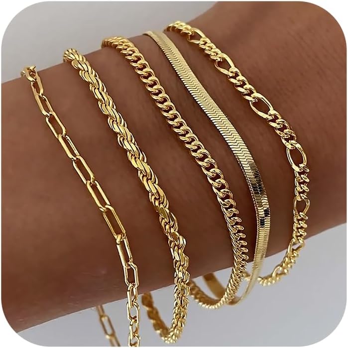 DEARMAY Gold Bracelets - Real 14K Women's Cute Tennis Cubic Beaded Link Paperclip Dainty Bracelet Pack