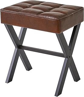 IBUYKE Square Makeup Stool with X-Leg Foot Rest, PU Footrest Stool, Ottoman Seat Vanity Stool, Multi-Use as Small Side Table, for Bedroom, Living Room, Dark Brown LG-71Z