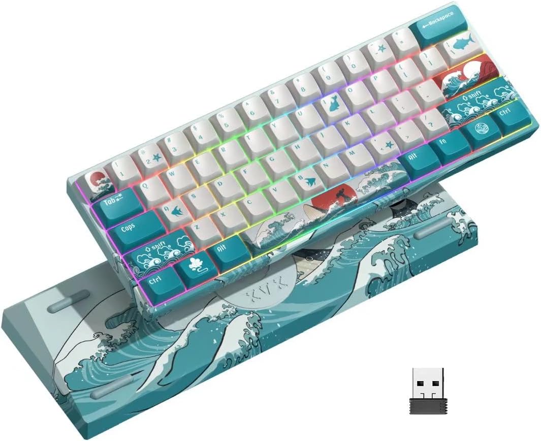 HITIME XVX M61 60% Mechanical Keyboard Wireless, Ultra-Compact 2.4G Rechargeable Gaming Keyboard, RGB Backlit Ergonomic Keyboard for Windows Mac PC Gamers(Coral Sea Theme, Gateron Yellow Switch)