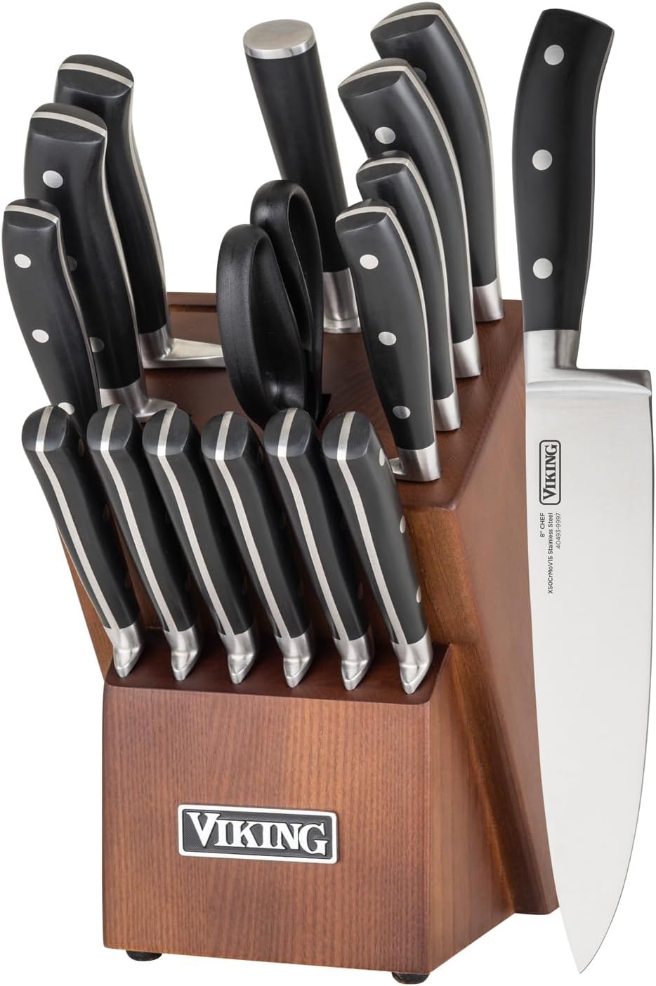 Viking Culinary Cutlery Set with Light Walnut Color Block, 17 Piece, Premium Steel Blades, Ergonomic Design