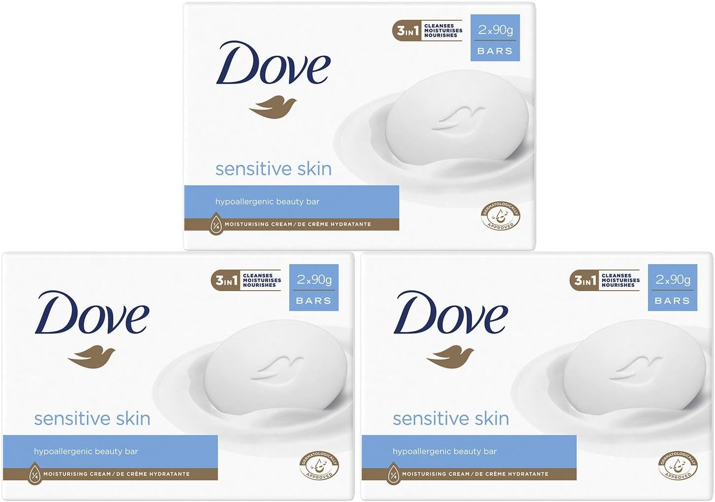 Dove Hypoallergenic Beauty Cream Bar 3 in-1 Cleanses, Moisturises and Nourishes Sulphate-Free Bath Soap for Soft and Smooth Skin, Specially Made for Sensitive Skin 2x90g, 3 Pack