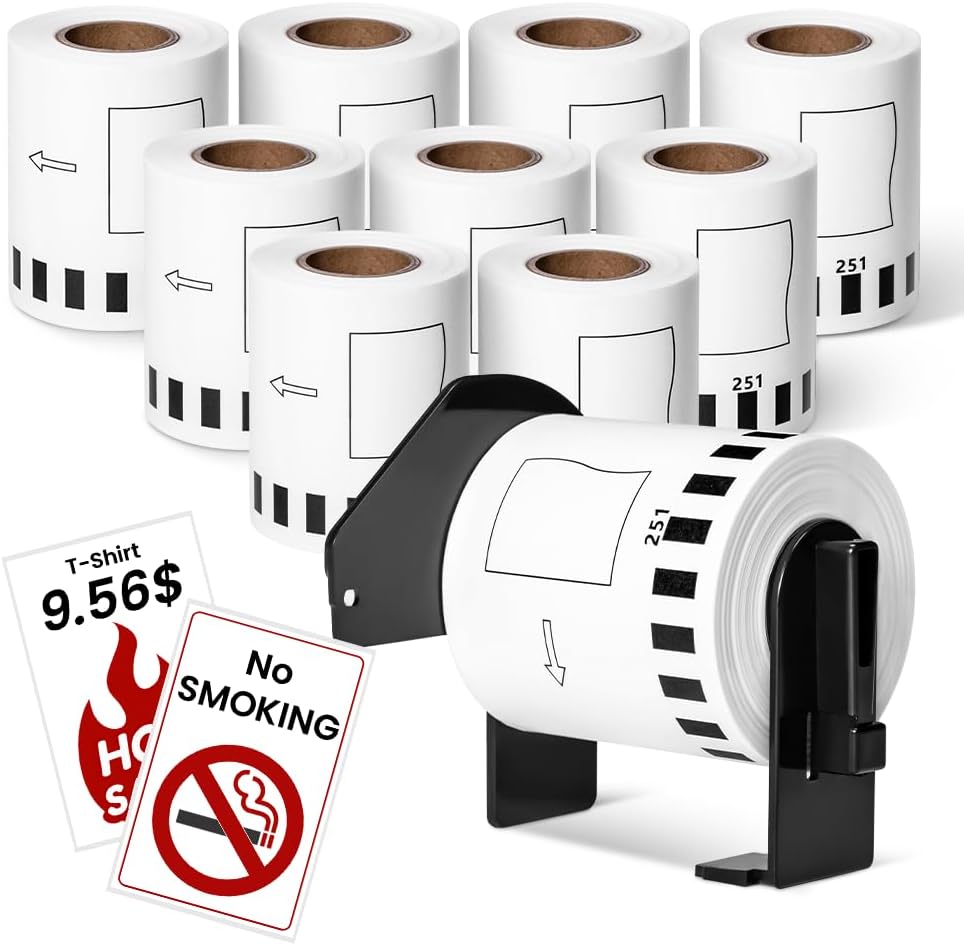 MarkDomain 10 Rolls DK-2251 Continuous Length Black/Red Label on White Paper Tape Compatible Brother DK2251 Replacement Label Roll 2.4” x 50 feet with 1 Frame for QL-800, QL-810W, QL-820NWB Printers