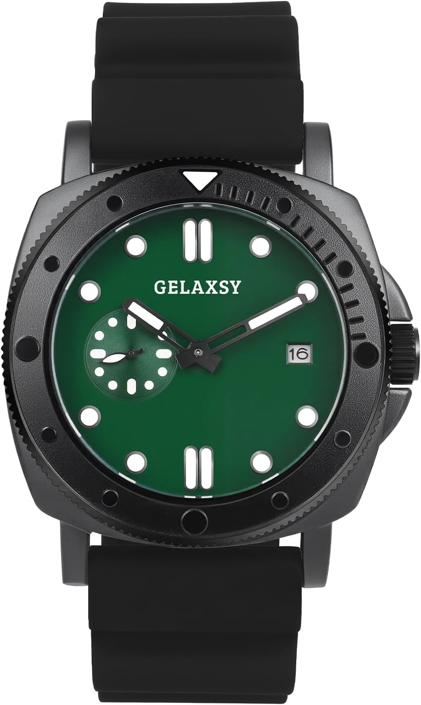 GELAXSY Mens 44mm Quartz Watch with Analogue Display Date Window and Rubber Strap Water Resistant Wrist Watch for Men