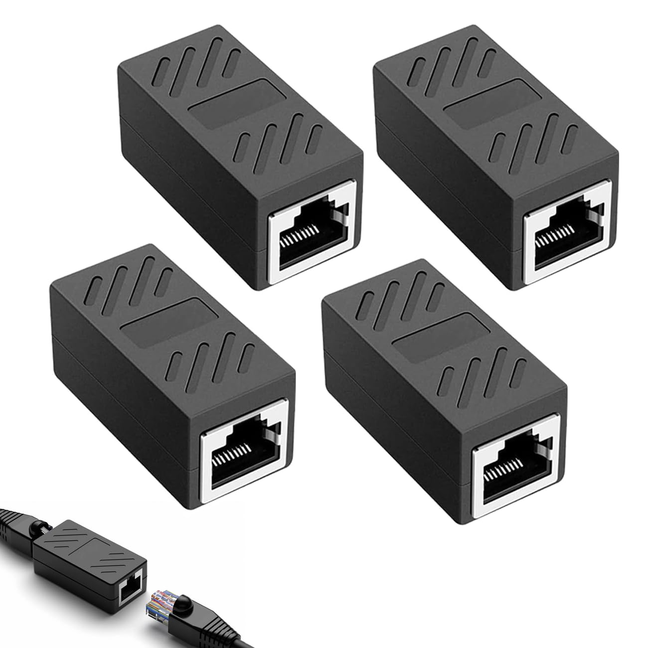 LAIXIABAO 4 Pcs RJ45 Coupler, Female to Female Ethernet Connector, Plug and Play Ethernet Cable Extender LAN Network Inline Joiners (Black)