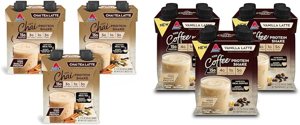 Atkins Chai Tea Latte Protein Shake, 15g Protein, Low Glycemic, 3g Net Carb, 1g Sugar, Keto Friendly & Iced Coffee Vanilla Latte Protein Shake, 15g Protein, Low Glycemic, 4g Net Carb, 1g Sugar
