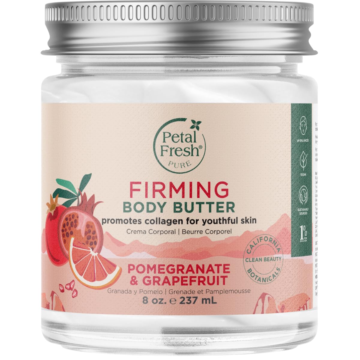 Petal Fresh Pure Firming Pomegranate & Grapefruit Body Butter, Organic Coconut Oil, Argan Oil, Shea Butter, Promotes Collagen, For All Skin Types, Natural Ingredients, Vegan and Cruelty Free, 8 oz