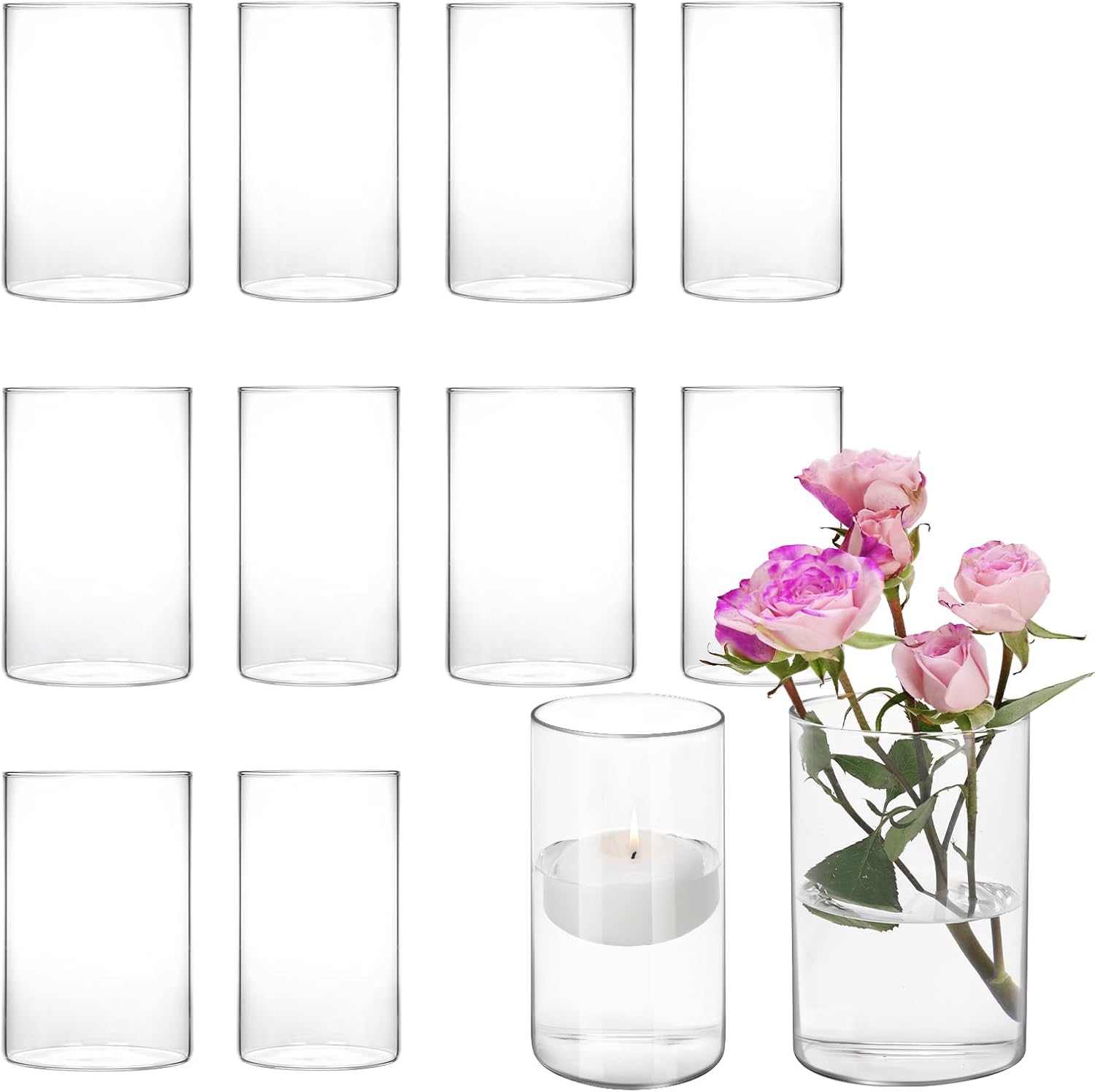 Fixwal 12pcs Clear Glass Cylinder Vases, 6 Inch Tall, Modern, Clear, Solid, Cylinder, Vase, Home Decor