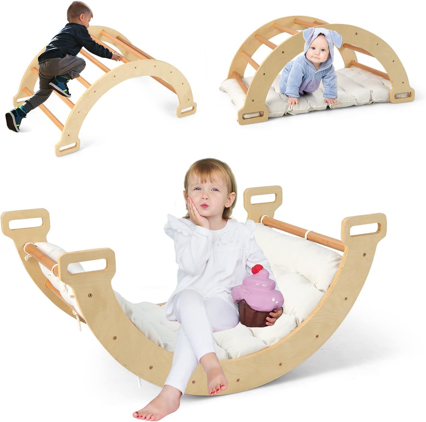4 in 1 Arch Climbing Frame for Toddlers, Wooden Indoor Climbing Rocker with Cushion Pad, Baby Montessori Pikler Playground Jungle Gym Climber Toys (Natural)