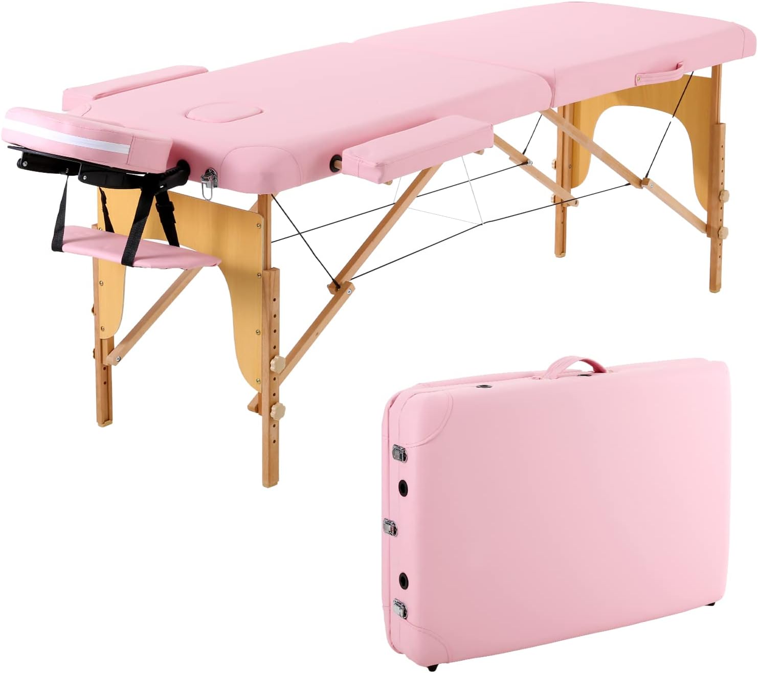 Panana Portable Mobile Folding Massage Bed Wooden Frame 2 Sections Table Tattoo SPA Couch (Pink)