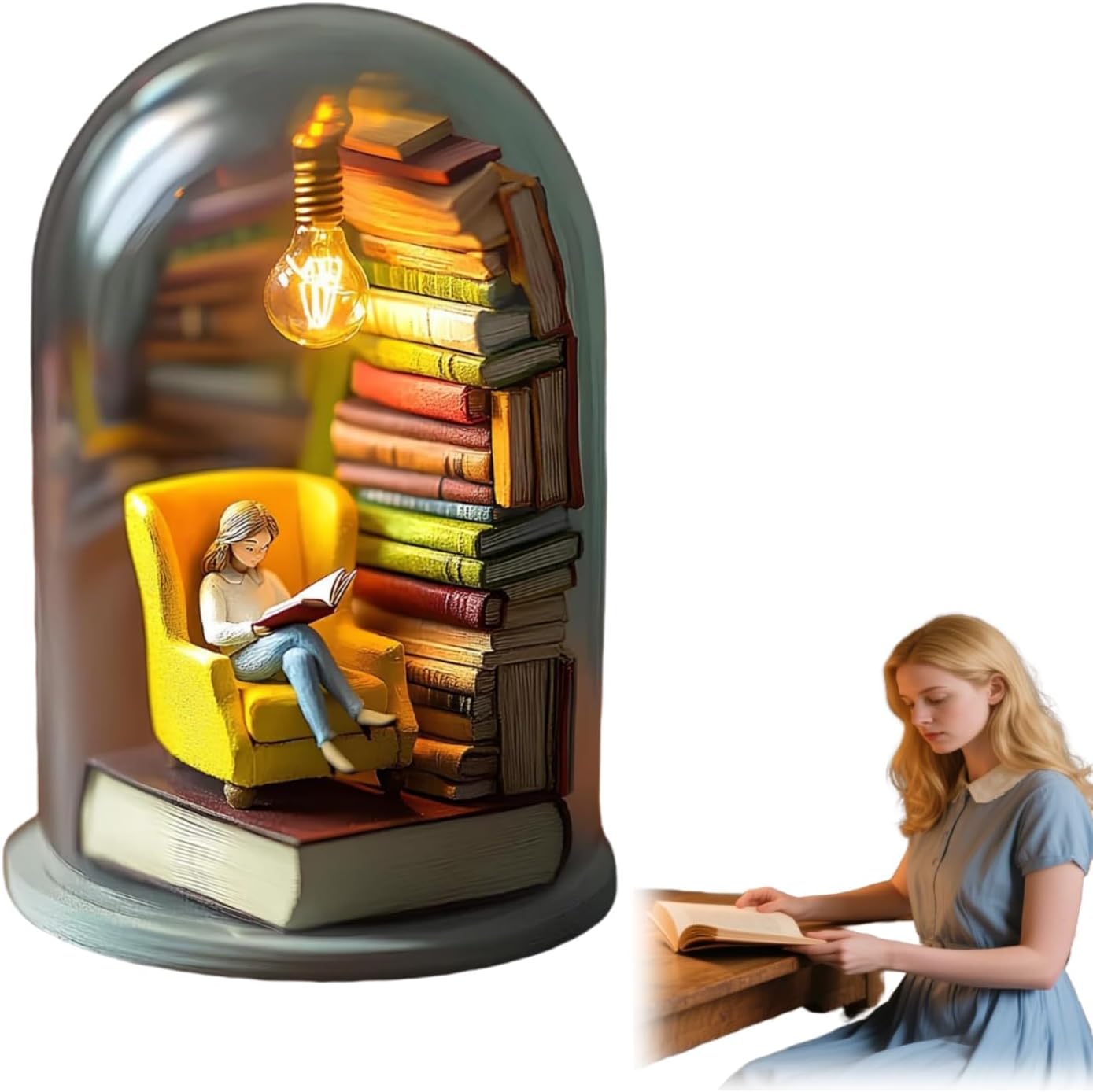 Reader Night Light, Miniature Book Lover Lamp Sculpture with Mini Books and LED Light, Mini Reading Figurine Tiny Bookshelf Library Statue, Gift for Family, Friends, Colleagues (A)