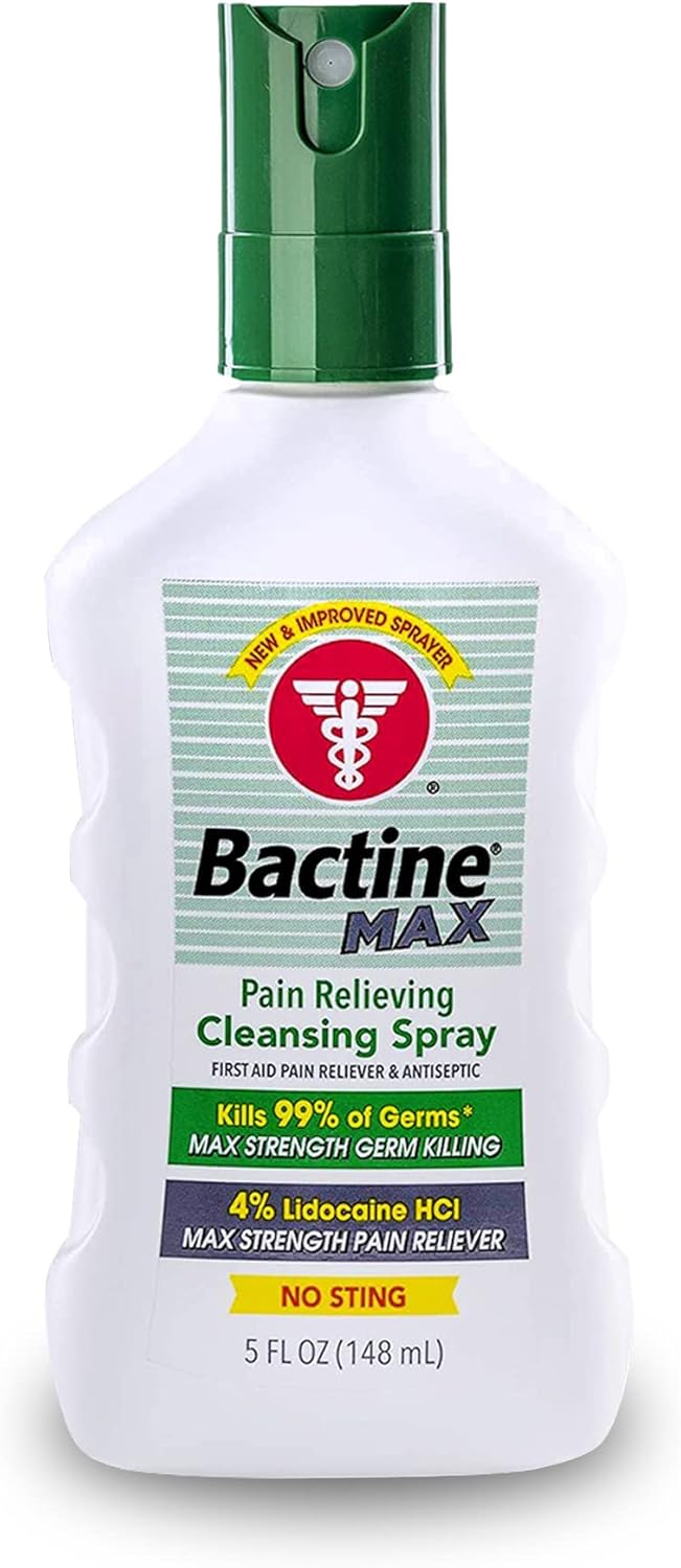 Bactine MAX First Aid Spray - Pain Relief Cleansing Spray with 4% Lidocaine - Numbing Lidocaine Kills 99.9% of Germs - Pain + Itch Relief For Minor Cuts & Scrapes, Burns & Bug Bites - 5oz