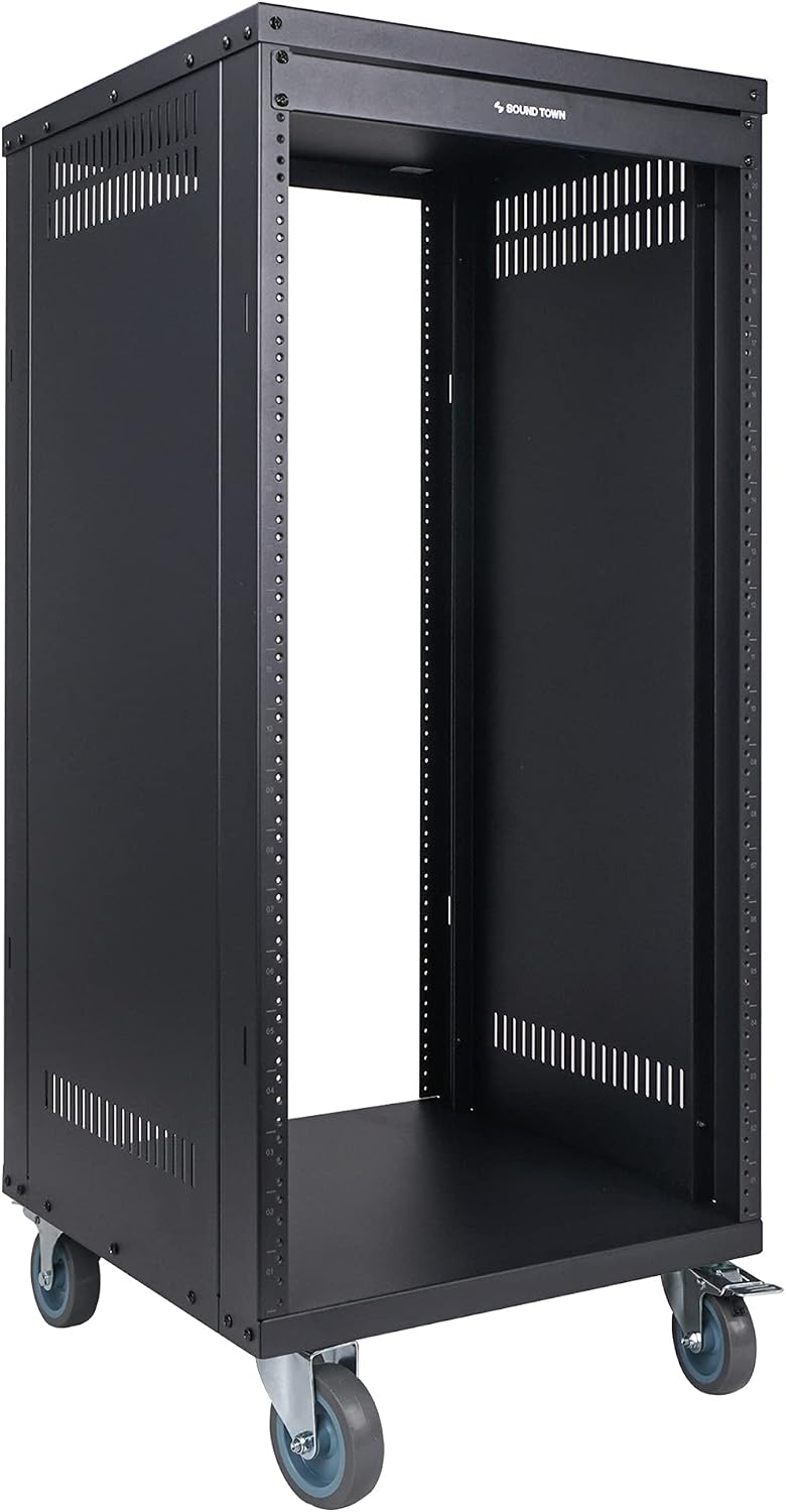 Sound Town 21U Universal Steel Rack, w/ 3" Locking Casters, Vented Side Panels for Audio Video, Server and Network Equipment (STRK-M21U)