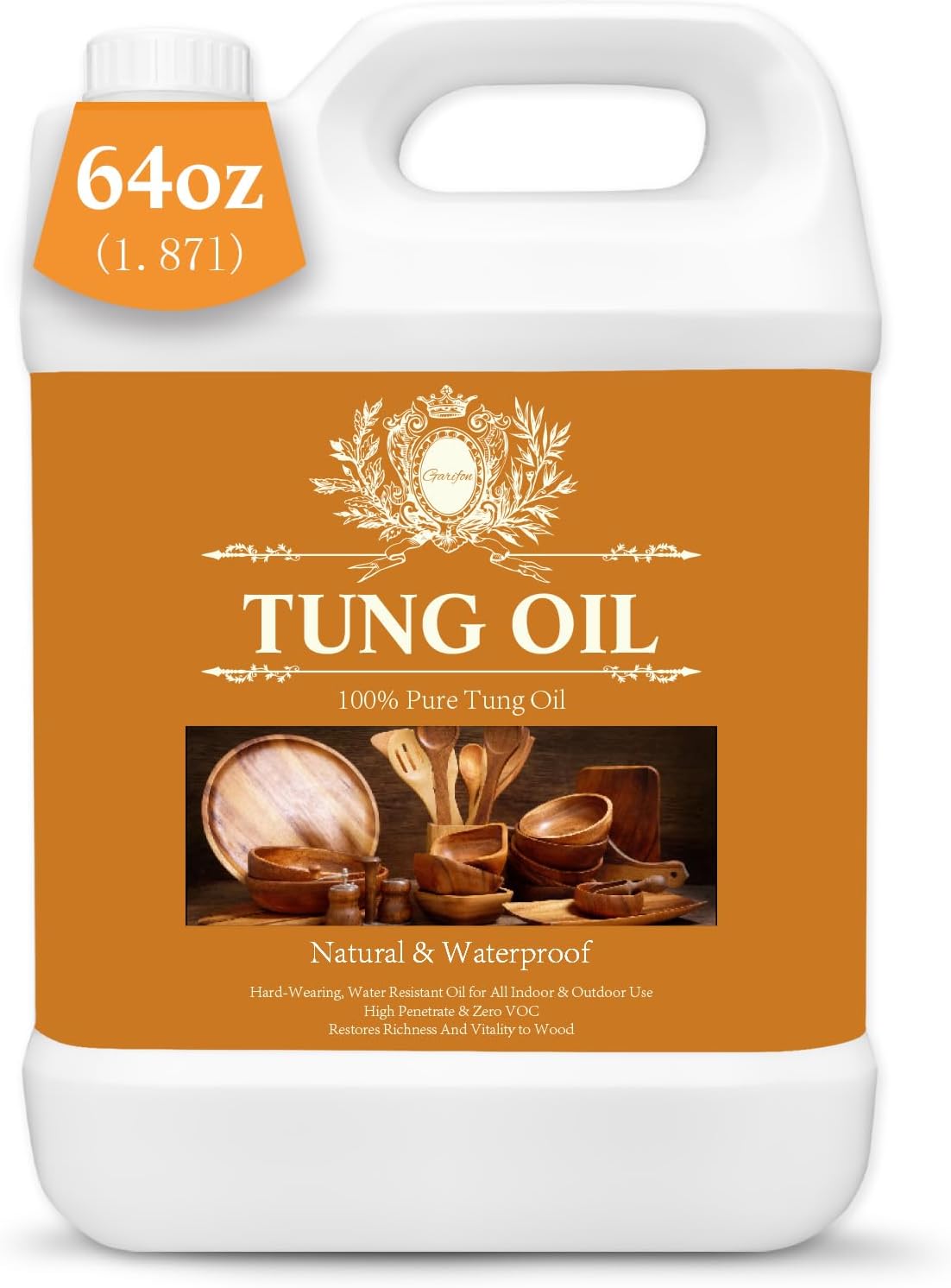 64 OZ 100% Pure Tung Oil for Outdoor Furniture & Indoor Wood - Food Grade, Sealer & Finish for Teak, Floor & Cutting Boards