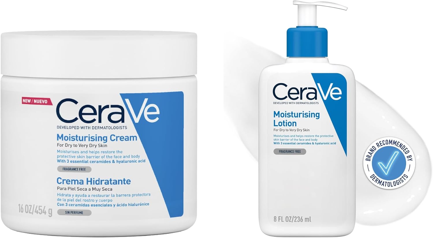 CeraVe Moisturising Cream | 454 g/16 oz | Daily Face, Body & Hand Moisturiser & Moisturising Lotion | 236ml/8oz | Daily Face & Body Moisturiser for Dry to Very Dry Skin