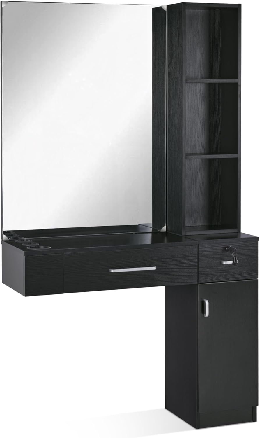 BarberPub Wall Mount Salon Station with 3 Hair Dryer Holders Hair Styling Station with Mirror Beauty Salon Spa Equipment Set 3026 (Black)